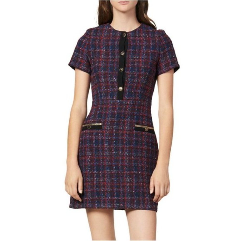 Sandro Red and Blue Tweed Mini Dress